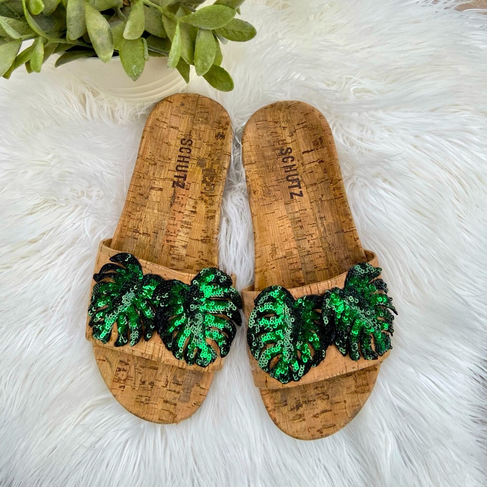 Schutz Thayn Kork and Green Sequins Palm Leaf Slide Sandals Size 7.5
